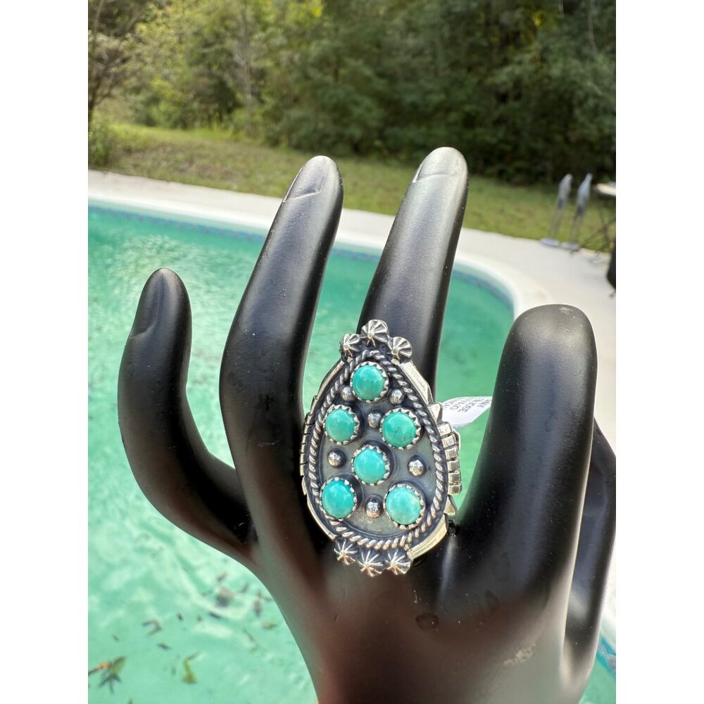 Navajo KL Sterling Silver Kingman Turquoise Cluster Statement Ring 7.5 signed